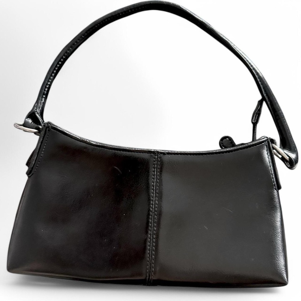 Black Y2K-Style Mini Faux Leather Shoulder Bag with Silver Hardware